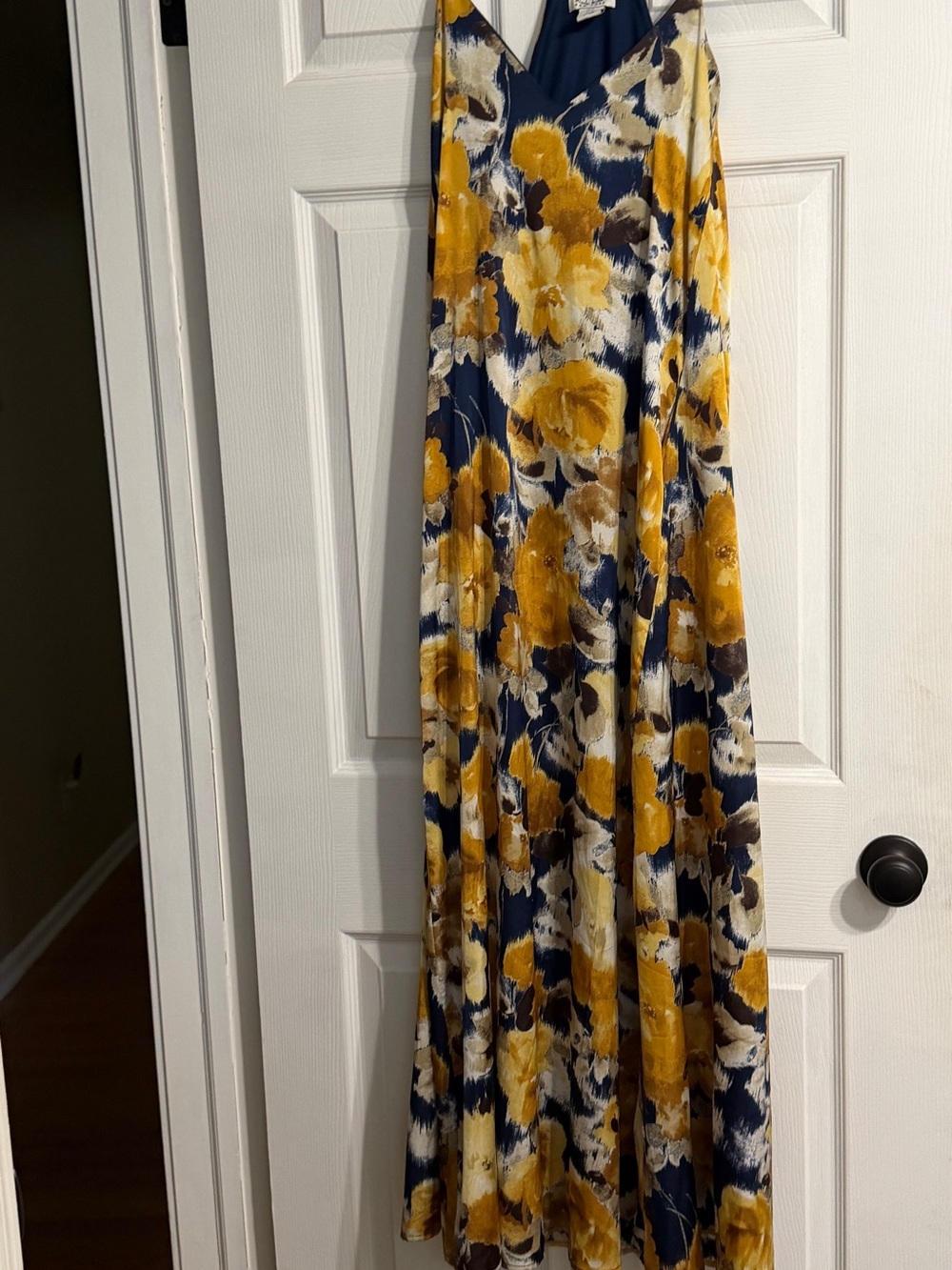 Nicole Miller Navy and Yellow Floral Maxi Dress with pockets.